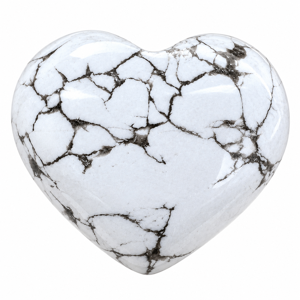 Polished white Howlite heart palm stone with natural grey veining