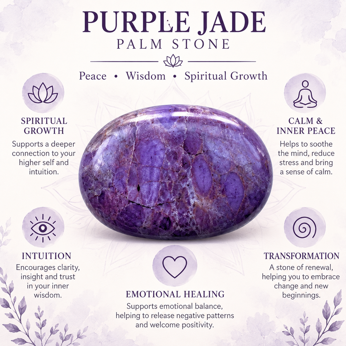Purple Jade palm stone infographic describing traditional spiritual associations