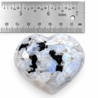 Rainbow Moonstone palm stone shown beside ruler for size reference