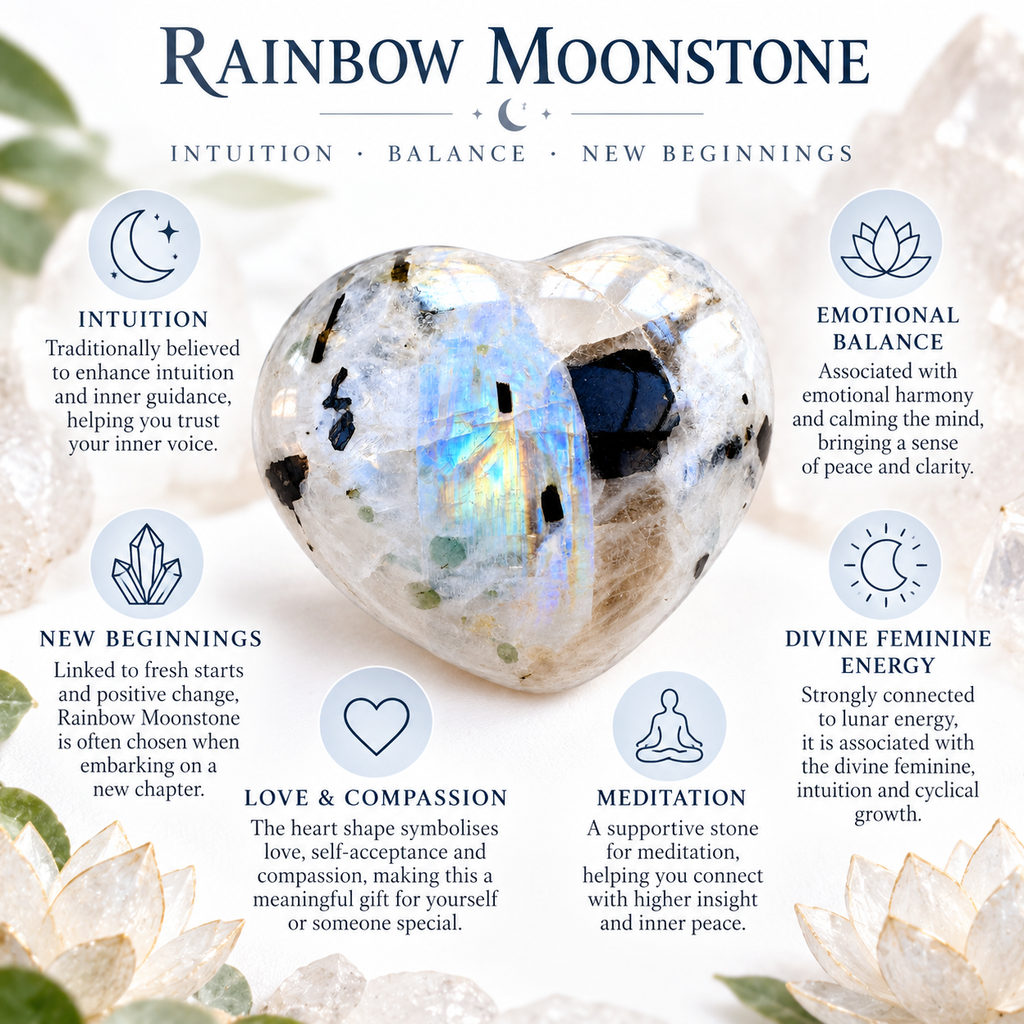 Rainbow Moonstone palm stone traditional spiritual associations guide