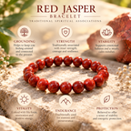 Red Jasper bracelet infographic explaining traditional associations with courage and grounding