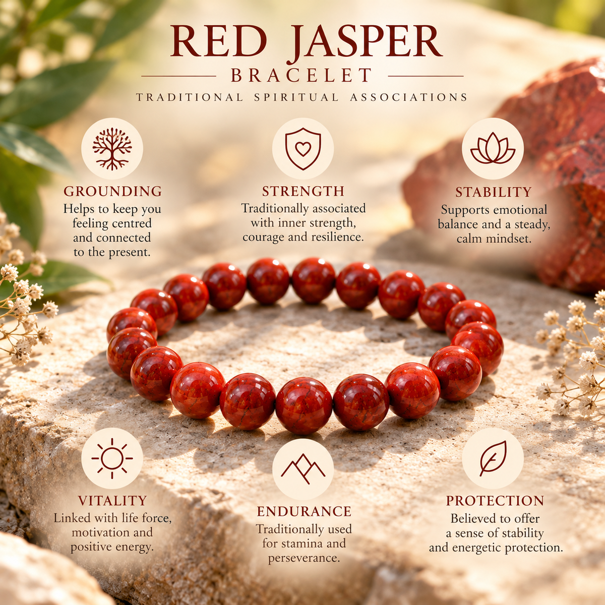 Red Jasper bracelet infographic explaining traditional associations with courage and grounding