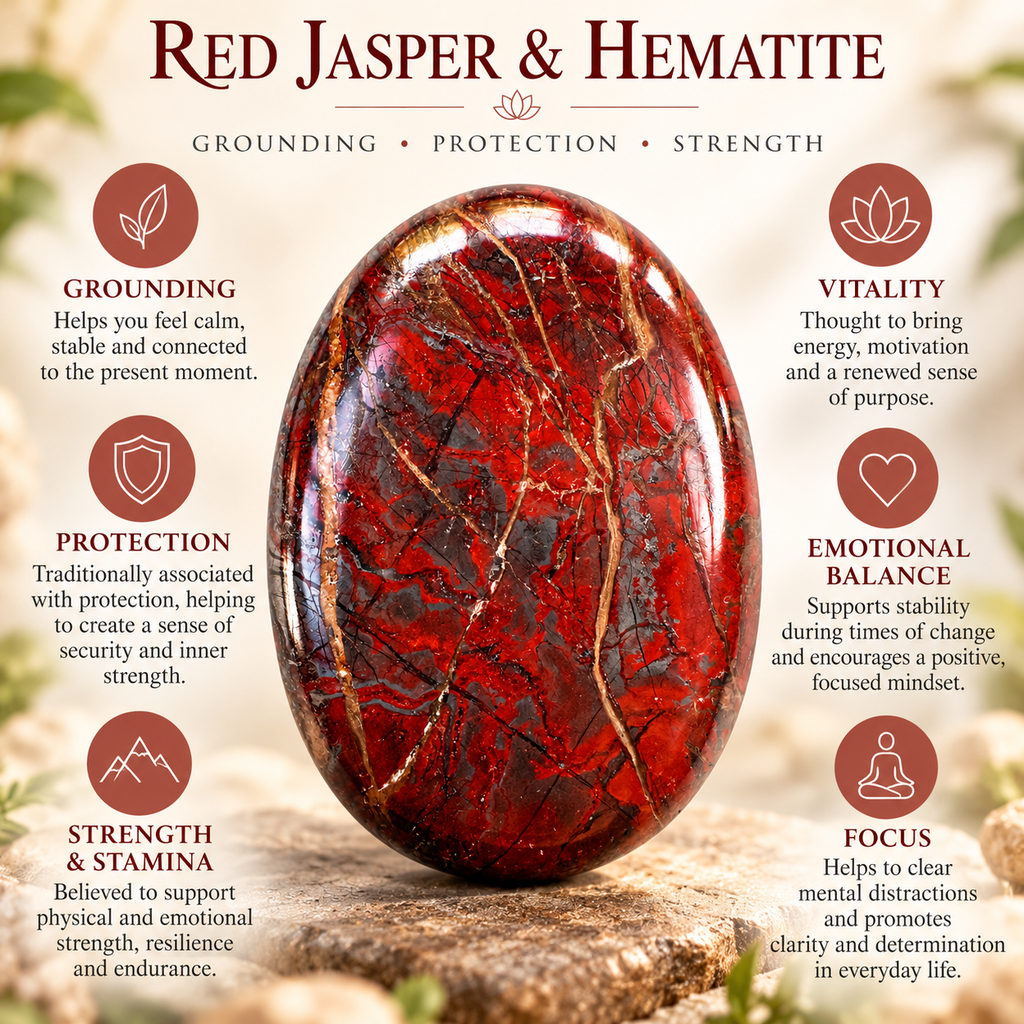 Red Jasper Hematite palm stone infographic about traditional grounding and strength associations