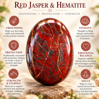 Red Jasper Hematite palm stone infographic about traditional grounding and strength associations