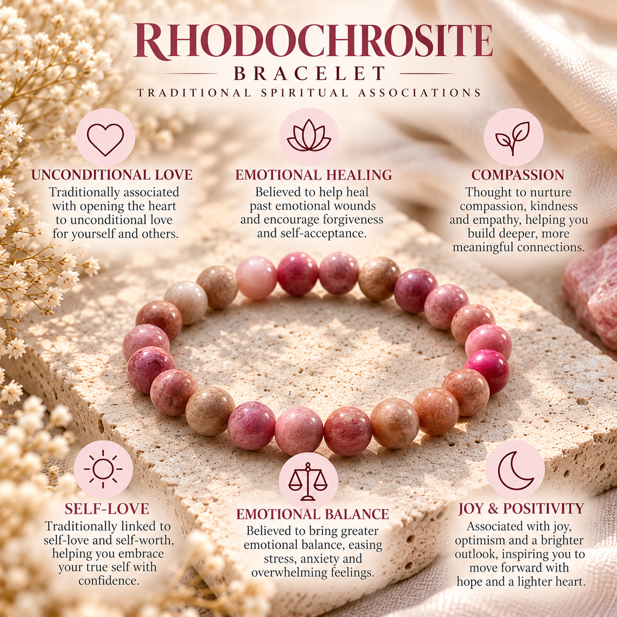 Rhodochrosite bracelet infographic explaining traditional associations with compassion and love