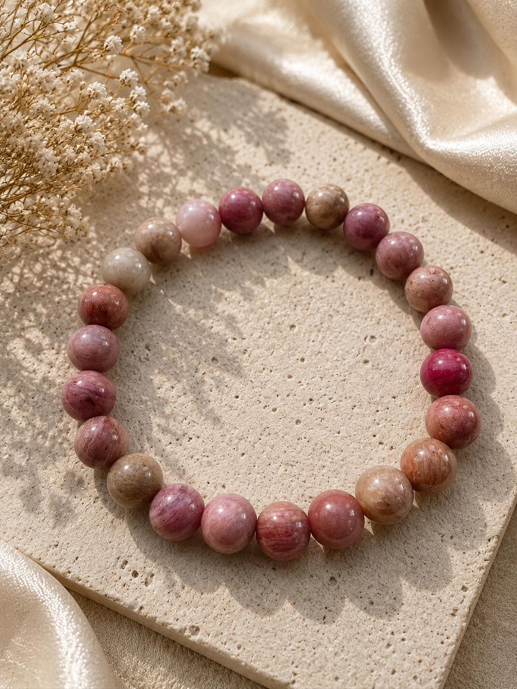 Rhodochrosite Crystal Bracelet – additional jewellery photograph showing gemstone colours and design