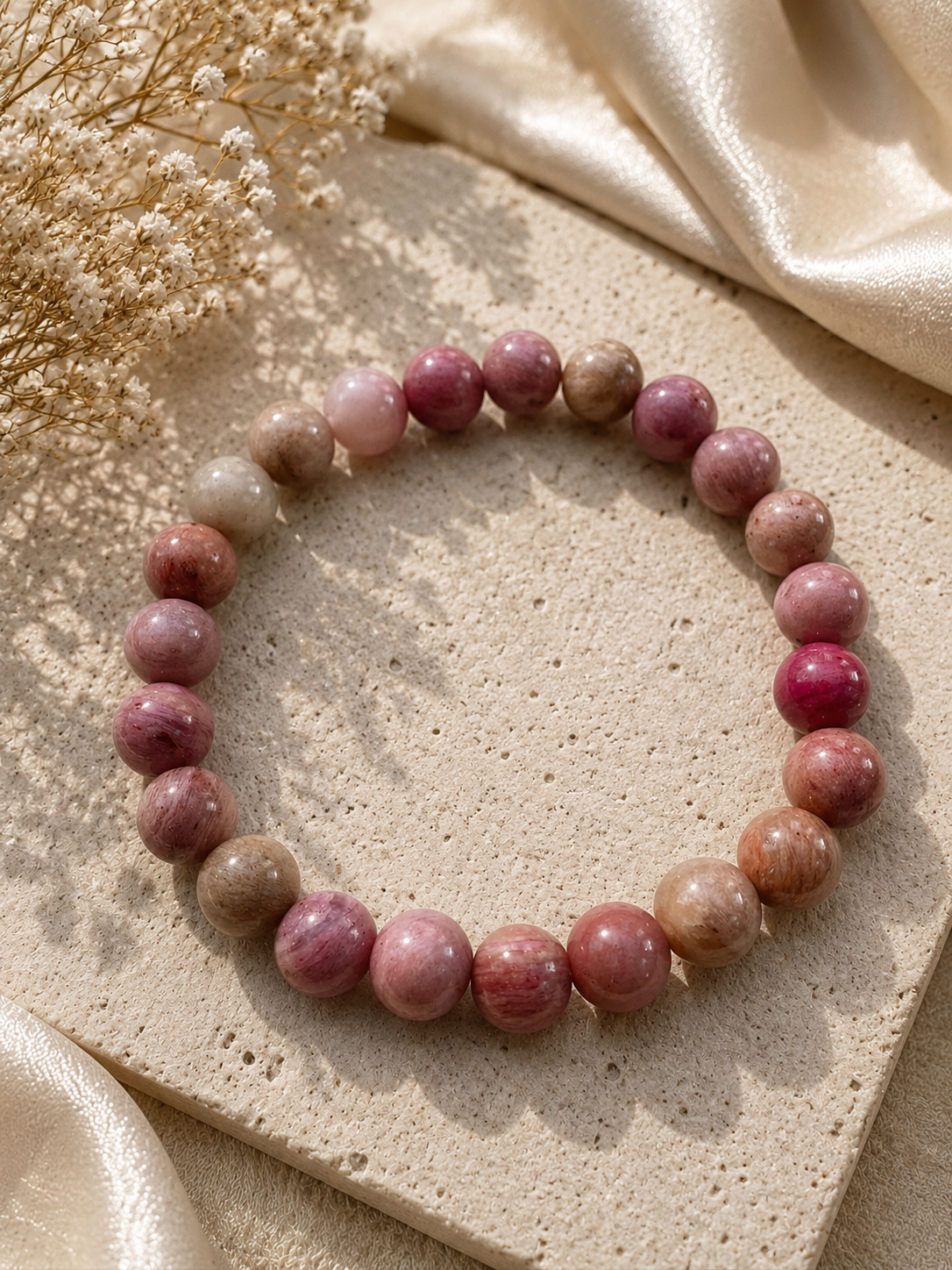 Rhodochrosite Crystal Bracelet – additional jewellery photograph showing gemstone colours and design