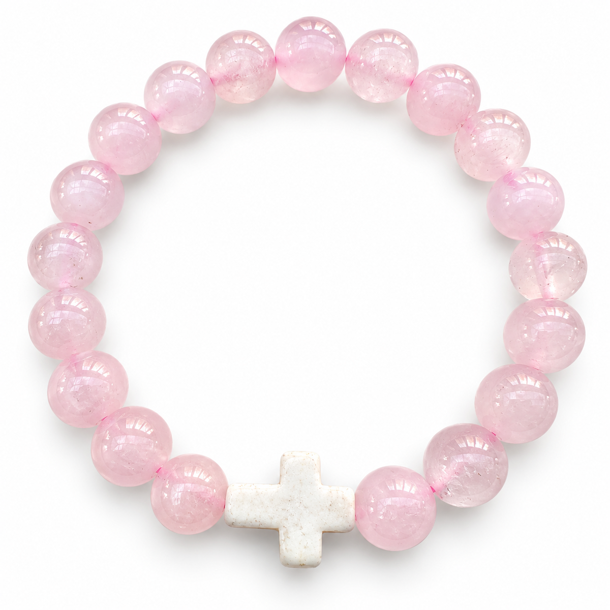 Rose Quartz Bracelet with Christian Cross – product photograph of the jewellery