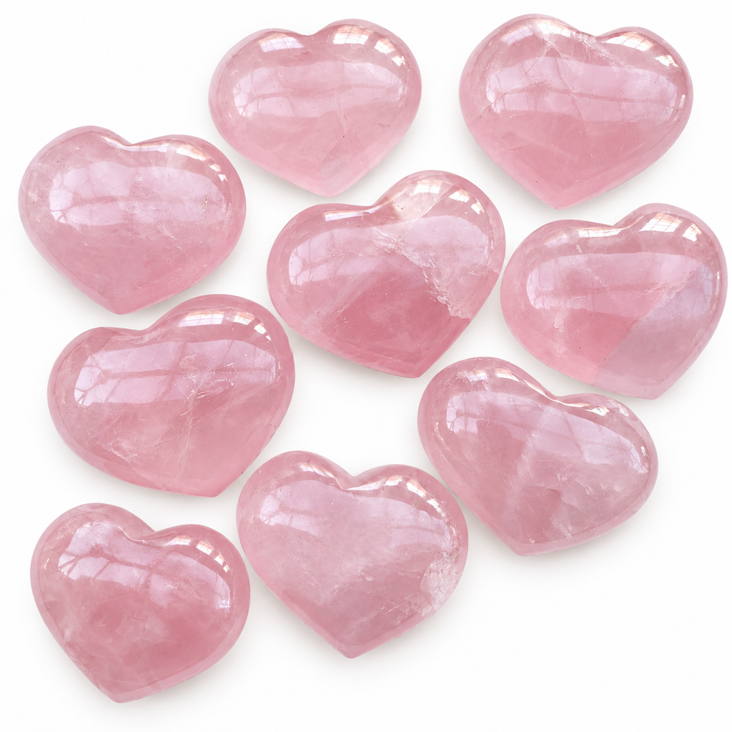 Collection of polished Rose Quartz crystal hearts in soft pink shades