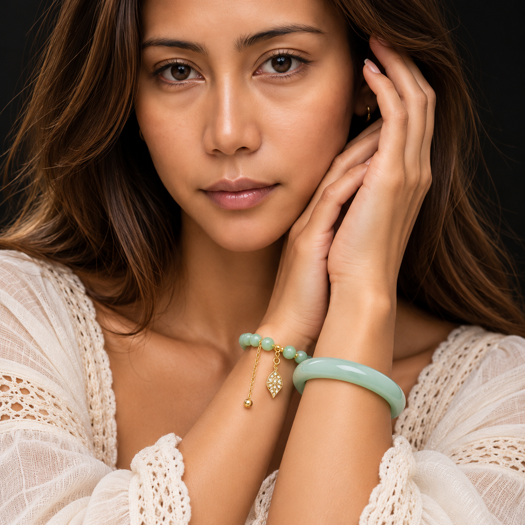 Serene lifestyle portrait featuring a polished green jade bangle bracelet