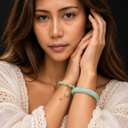 Serene lifestyle portrait featuring a polished green jade bangle bracelet
