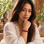 Model wearing polished red jasper beaded bracelet in a calm portrait
