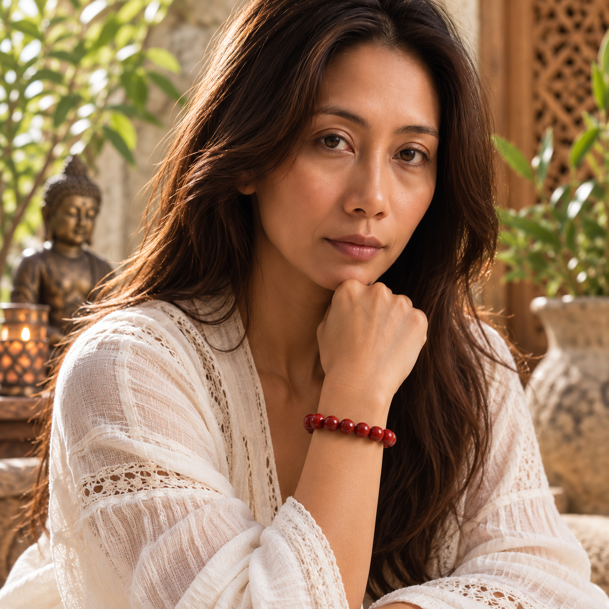 Model wearing polished red jasper beaded bracelet in a calm portrait