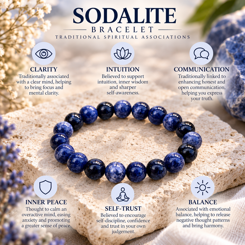 Blue Sodalite bracelet infographic on traditional associations with intuition and clarity