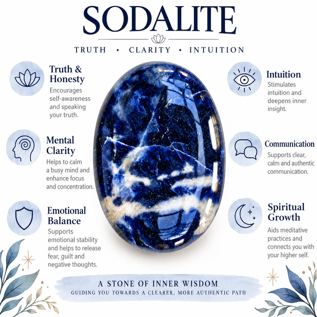 Sodalite palm stone infographic about traditional associations with truth and clarity