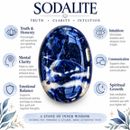 Sodalite palm stone infographic about traditional associations with truth and clarity