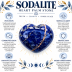 Sodalite heart palm stone infographic describing traditional intuition and communication associations