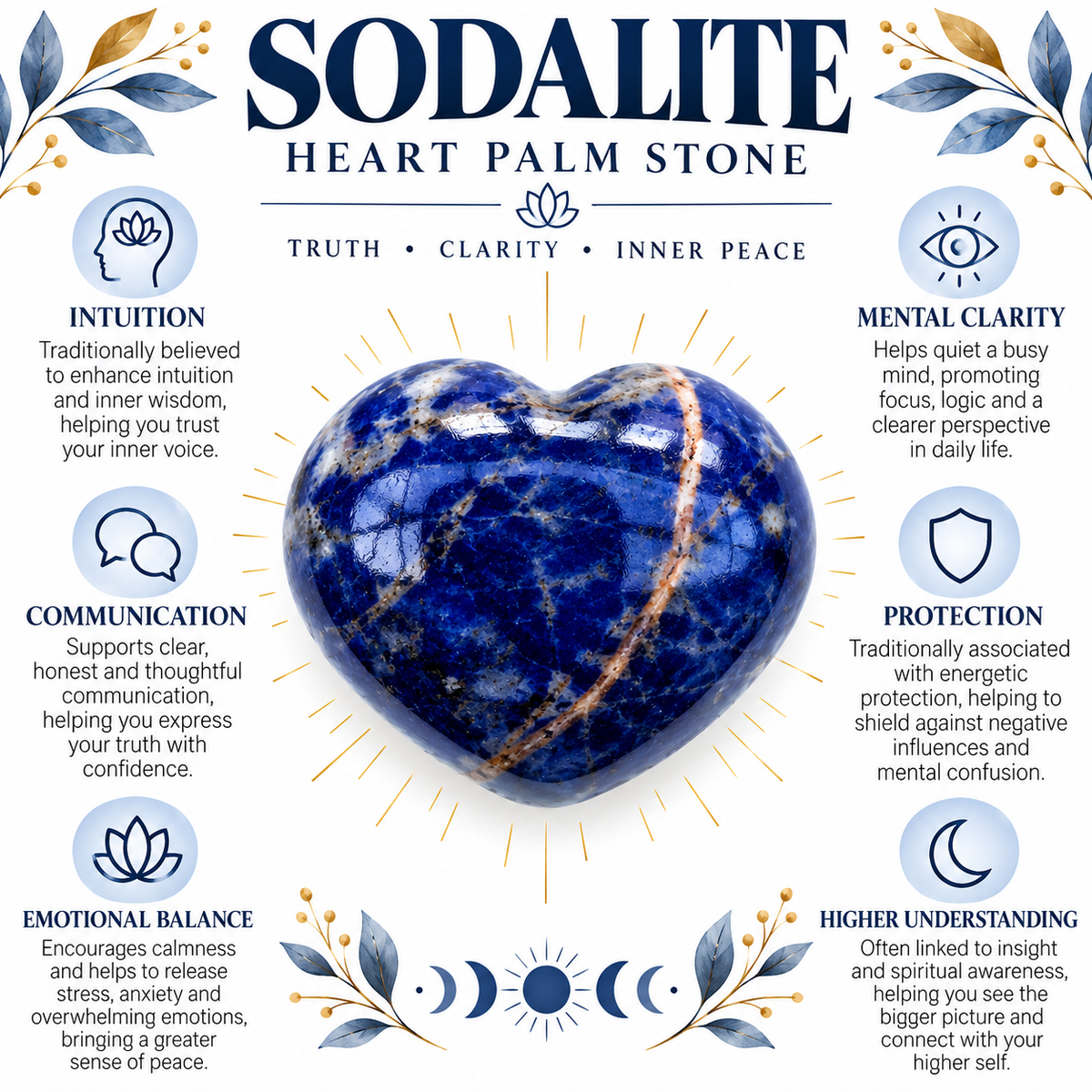 Sodalite heart palm stone infographic describing traditional intuition and communication associations