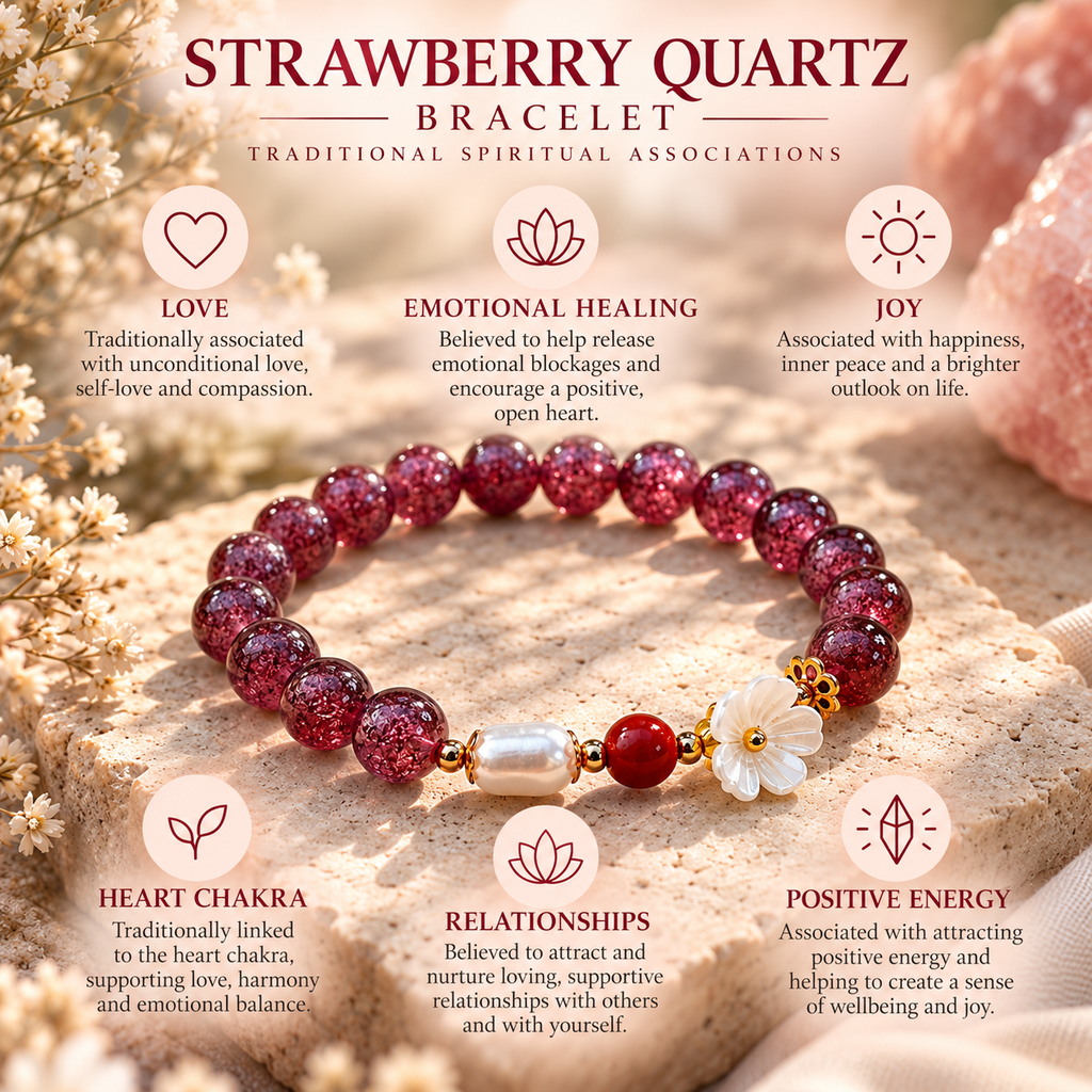 Strawberry Quartz bracelet infographic explaining traditional associations with love and joy