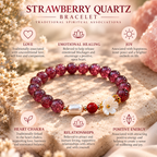 Strawberry Quartz bracelet infographic explaining traditional associations with love and joy