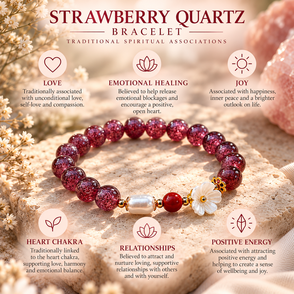 Strawberry Quartz bracelet infographic explaining traditional associations with love and joy