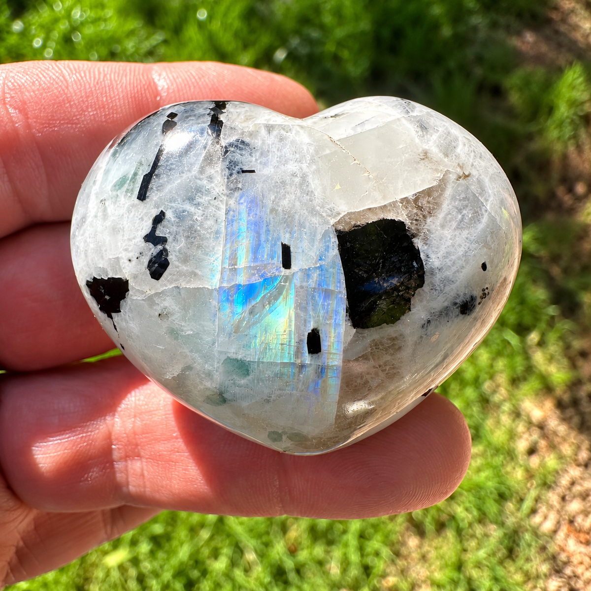 Rainbow Moonstone heart-shaped palm stone in a natural lifestyle setting