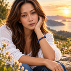 Model wearing deep blue Sodalite beaded bracelet in warm sunset light