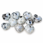 Group of polished Rainbow Moonstone heart-shaped palm stones showing natural variations