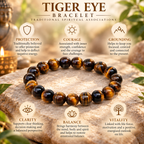 Tiger Eye bracelet infographic explaining traditional associations with confidence and protection