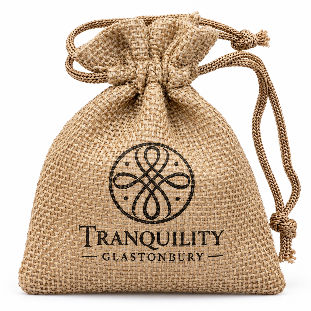 Tranquility Glastonbury jute drawstring pouch for crystal palm stone