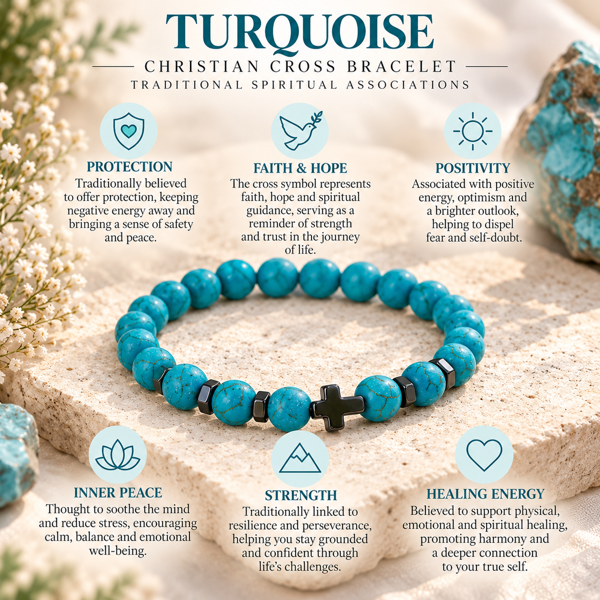 Turquoise Christian cross bracelet infographic explaining traditional spiritual associations
