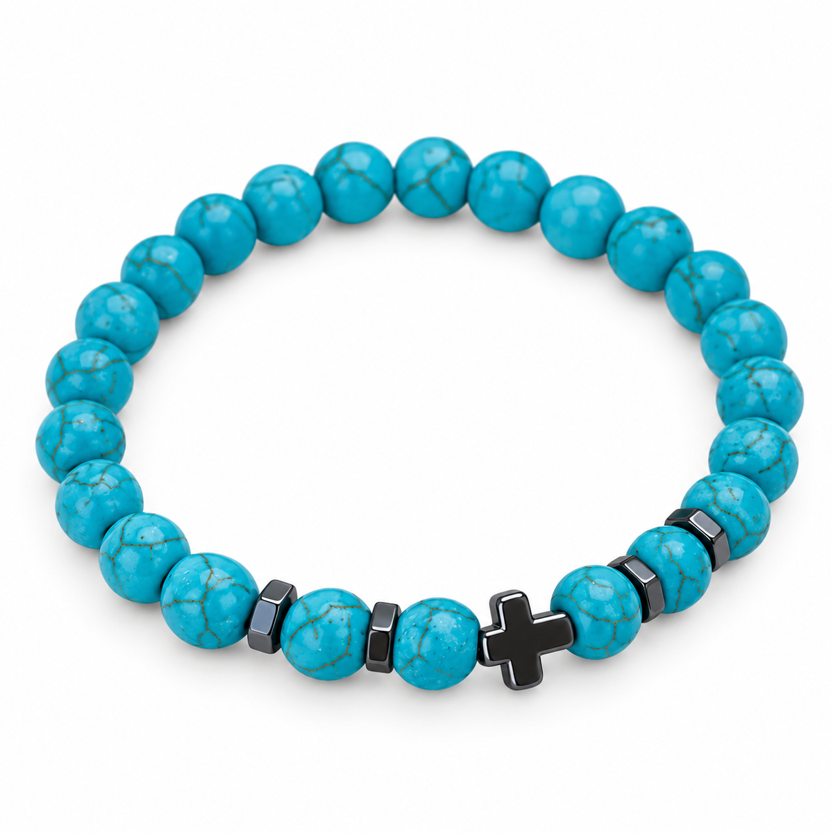 Turquoise blue beaded bracelet with dark Christian cross charm and spacer beads