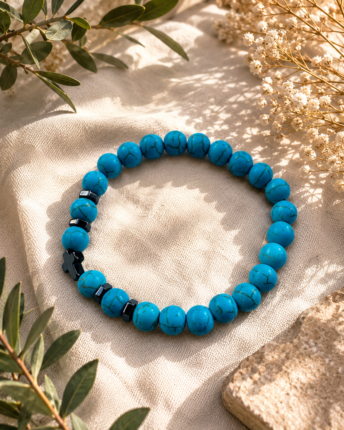 Turquoise Bead Bracelet with Christian Cross – additional jewellery photograph showing gemstone colours and design