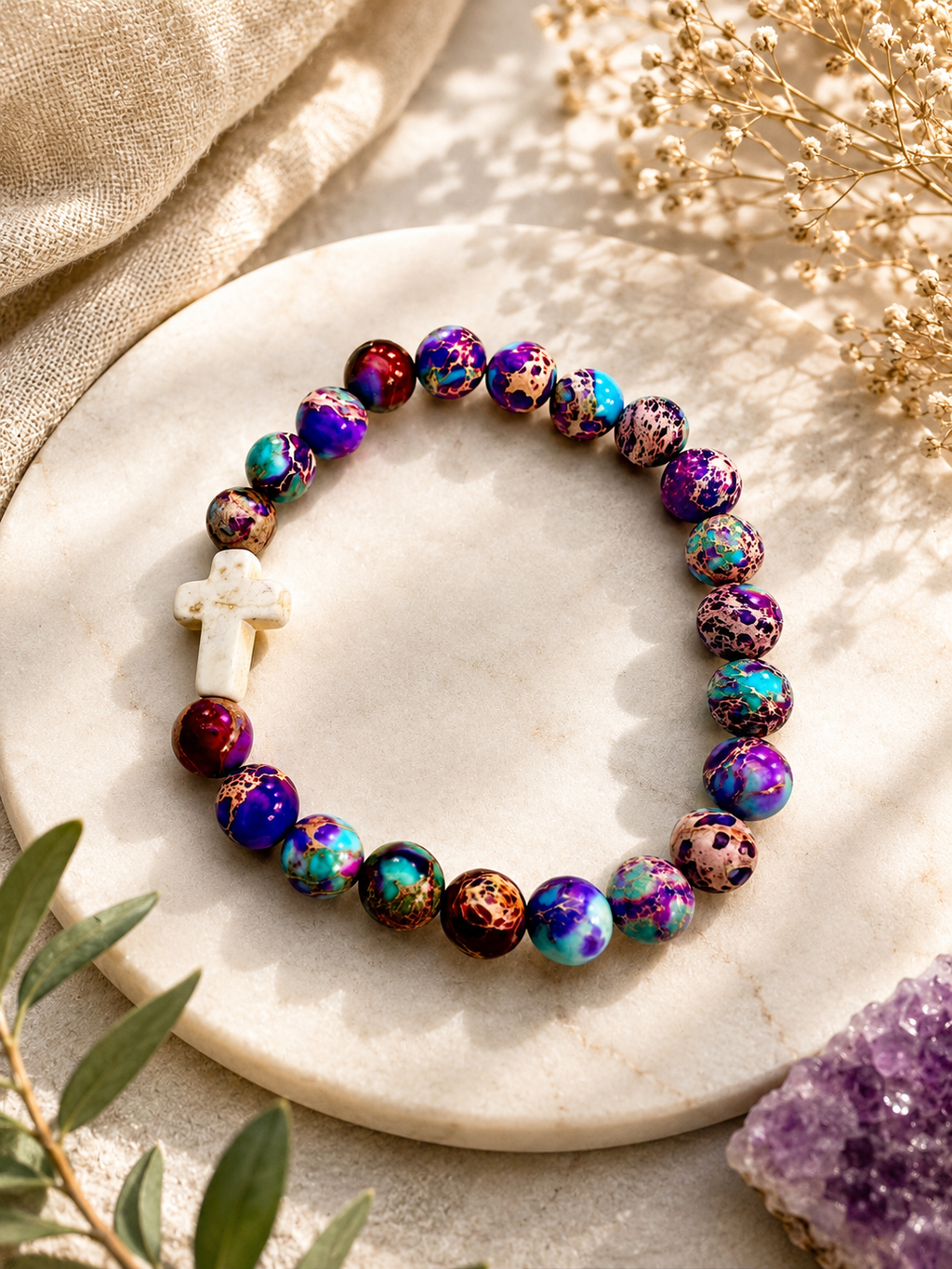 Multicolour Chakra Bracelet with Christian Cross – additional jewellery photograph showing gemstone colours and design