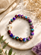 Multicolour Chakra Bracelet with Christian Cross – additional jewellery photograph showing gemstone colours and design