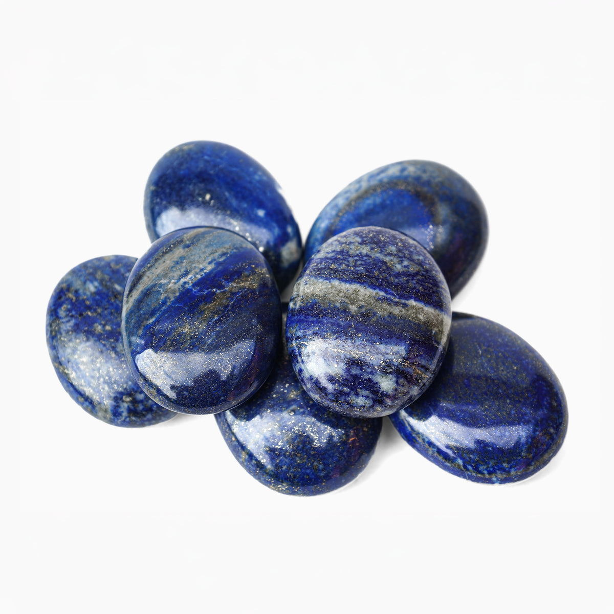 Polished Lapis Lazuli palm stone showing natural colour and markings