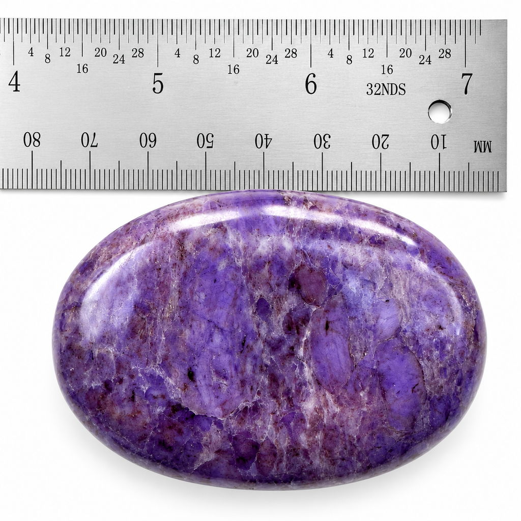 Purple Jade palm stone beside a metal ruler for size reference