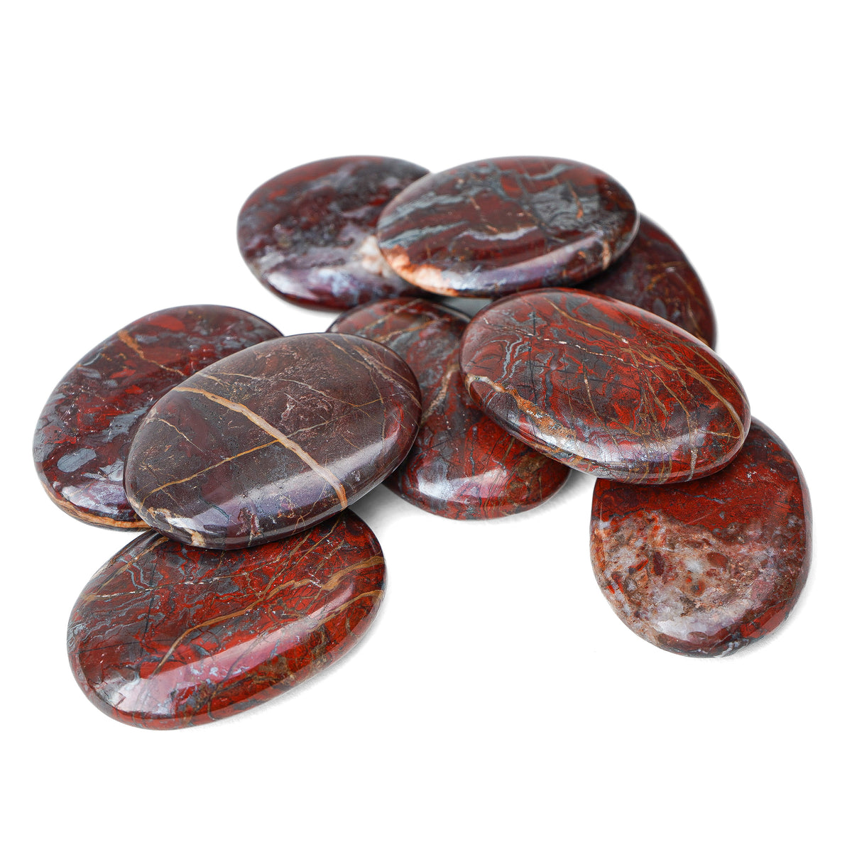 Polished Red Jasper Hematite palm stone showing natural colour and markings