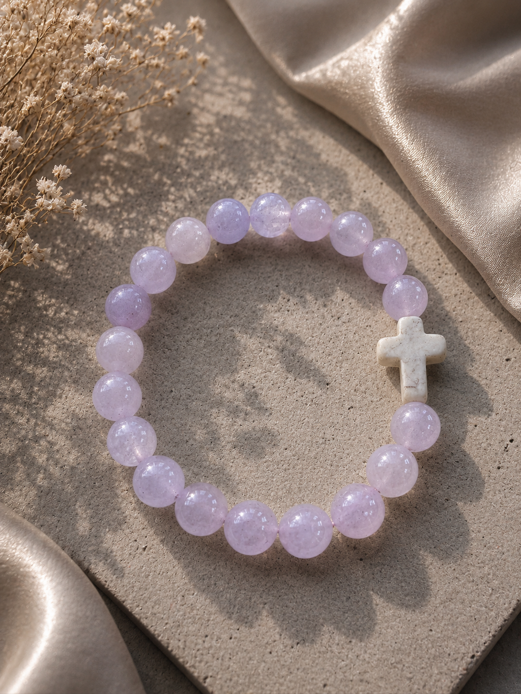 Rose Quartz Bracelet with Christian Cross – additional jewellery photograph showing gemstone colours and design