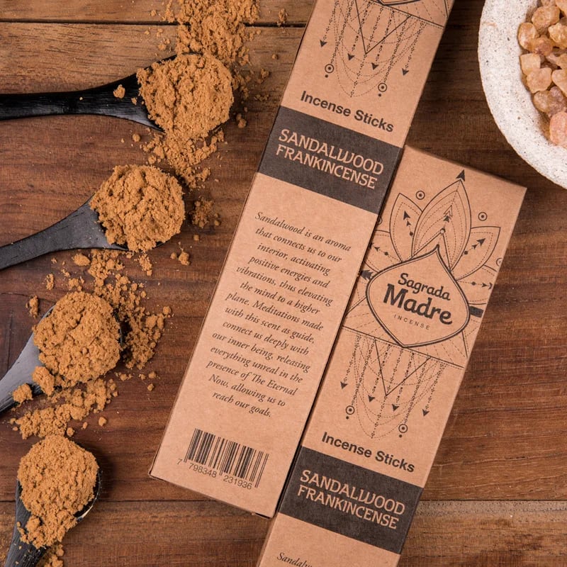 Sagrada Madre Sandalwood incense sticks – product and ritual photography