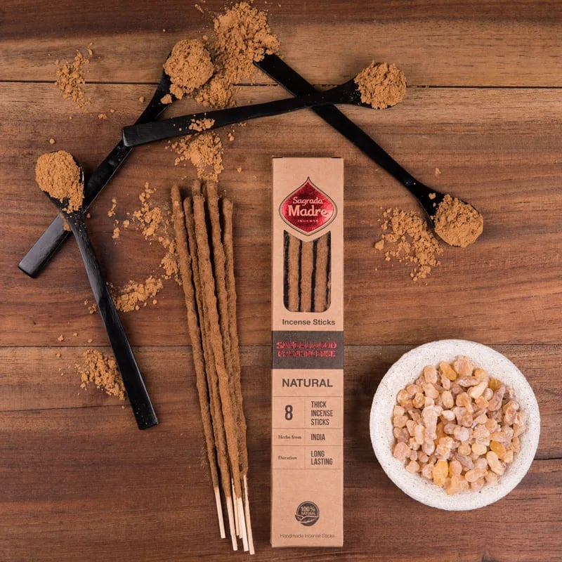 Sagrada Madre Sandalwood incense sticks – product and ritual photography