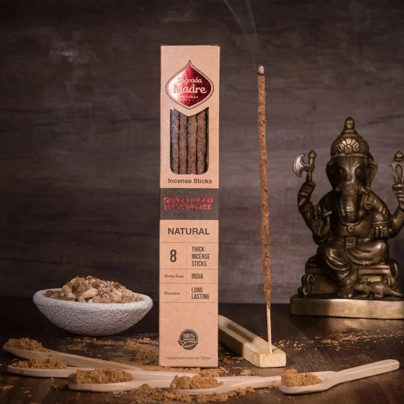 Sagrada Madre Sandalwood incense sticks – product and ritual photography