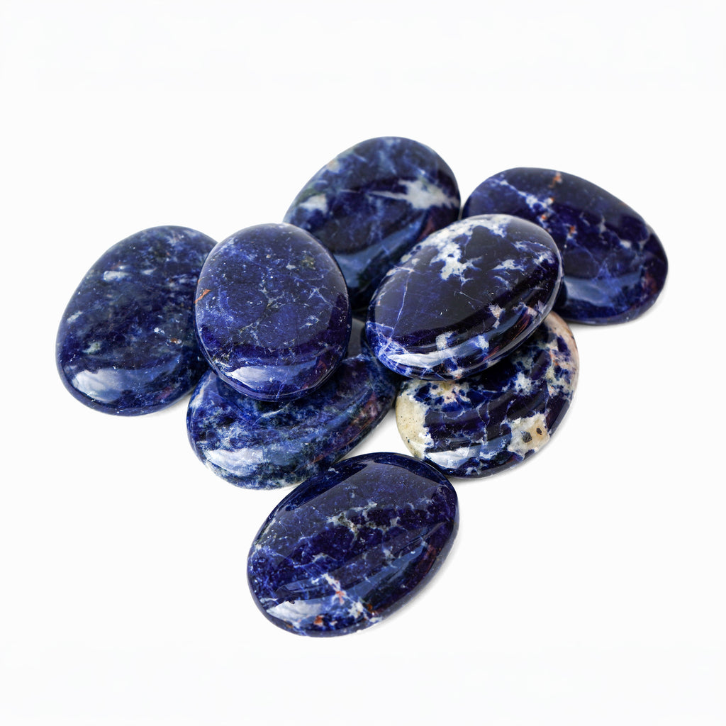 Polished Sodalite palm stone showing natural colour and markings